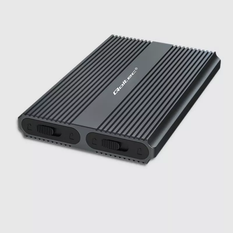 Qoltec Caixa para SSD M.2 NVMe SATA duplo com USB-C 3.2 Gen 2, alumínio sem ferramentas, suporta 2x2TB, UASP, TRIM, 10Gbps