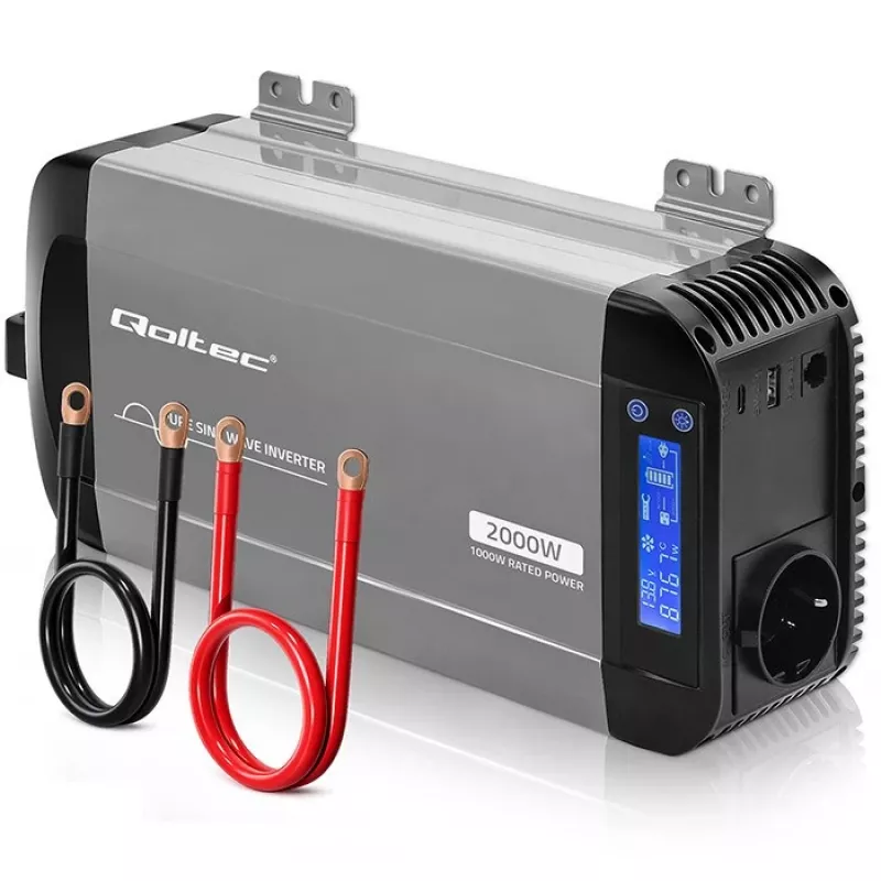 Qoltec Inversor de onda sinusoidal pura 12V para 230V 1000W/2000W com LCD, USB, USB-C, compatível com LiFePO4/GEL/AGM