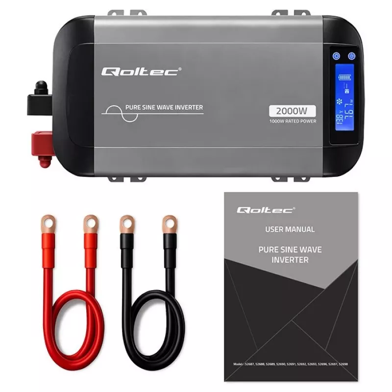 Qoltec Inversor de onda sinusoidal pura 12V para 230V 1000W/2000W com LCD, USB, USB-C, compatível com LiFePO4/GEL/AGM