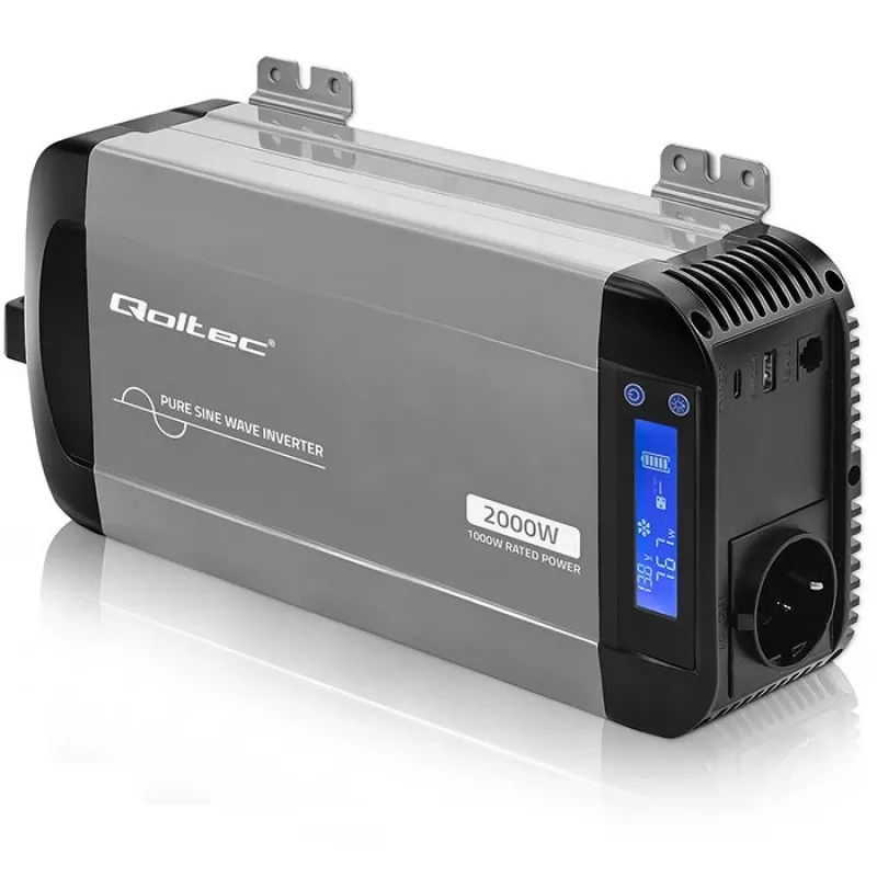 Qoltec Inversor de onda sinusoidal pura 12V para 230V 1000W/2000W com LCD, USB, USB-C, compatível com LiFePO4/GEL/AGM