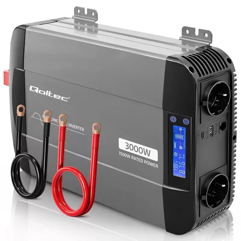 Qoltec Inversor de onda sinusoidal pura 12V para 230V 1500W/3000W com LCD USB USB-C para LiFePO4 GEL AGM
