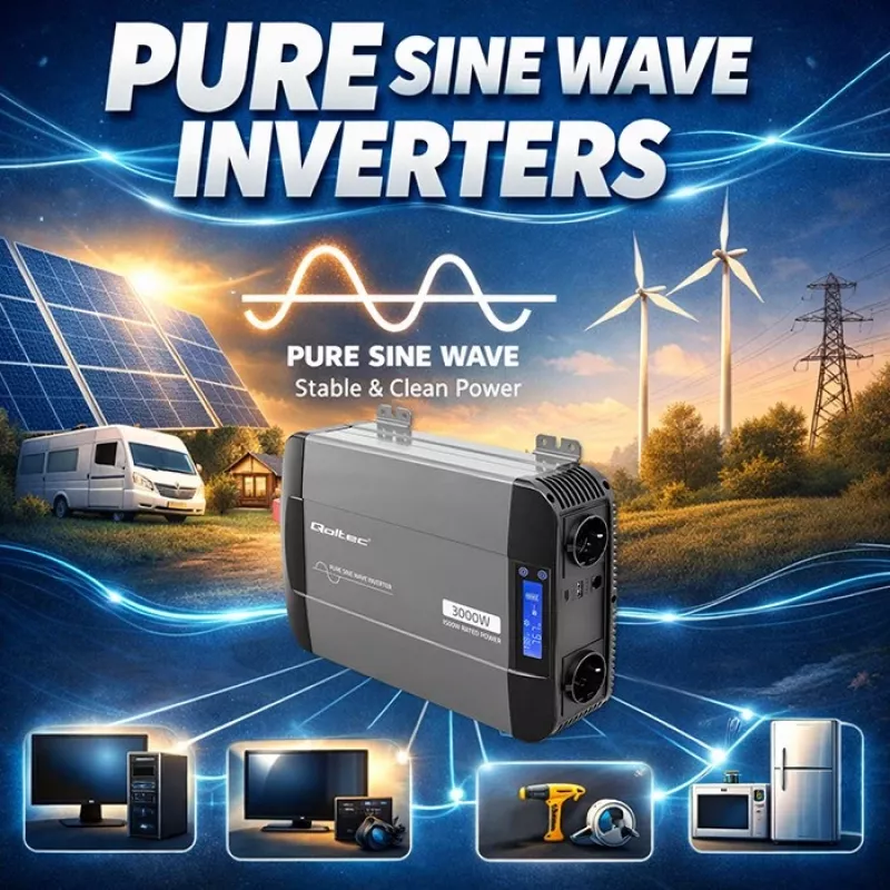 Qoltec Inversor de onda sinusoidal pura 12V para 230V 1500W/3000W com LCD USB USB-C para LiFePO4 GEL AGM