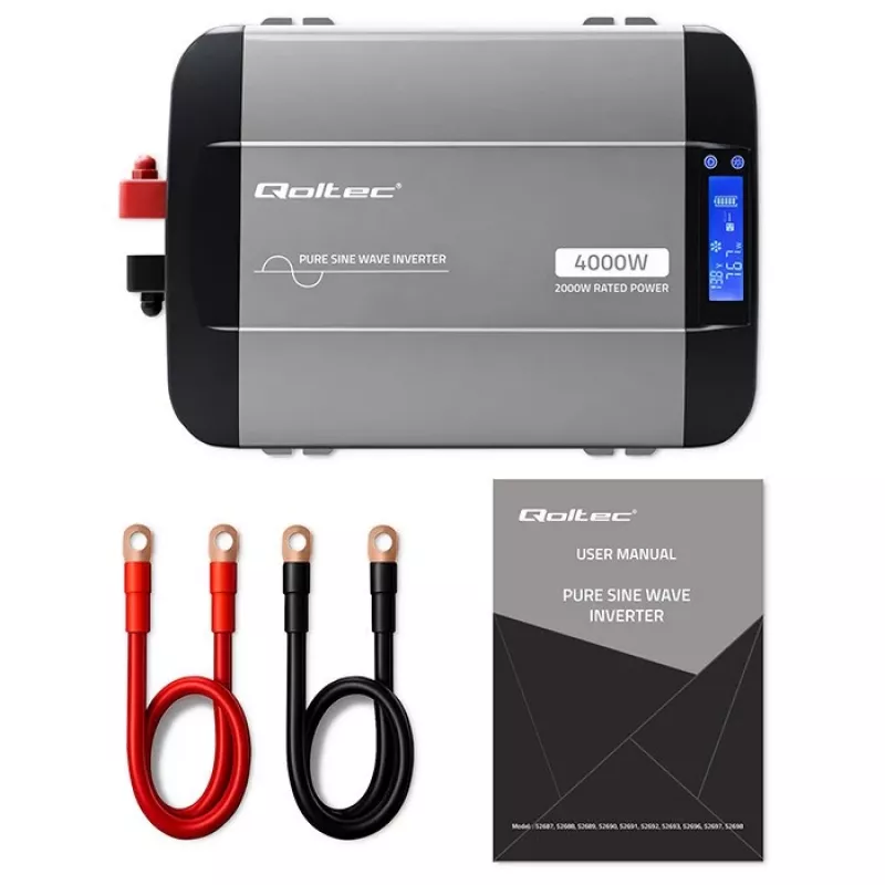 Qoltec Inversor de onda sinusoidal pura 12V para 230V 2000W/4000W com LCD, USB, USB-C, compatível com LiFePO4/GEL/AGM