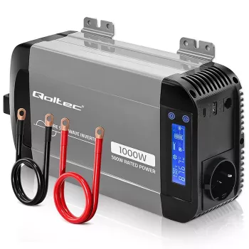 Qoltec Inversor de onda sinusoidal pura 12V para 230V 500W/1000W com LCD, USB, USB-C, compatível com LiFePo4/GEL/AGM