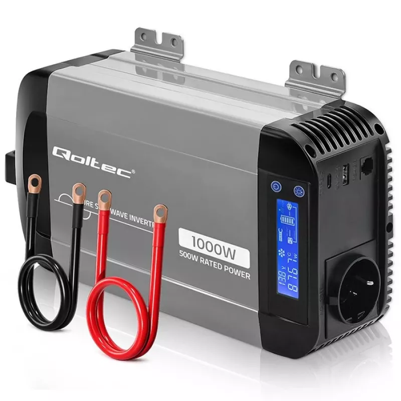 Qoltec Inversor de onda sinusoidal pura 12V para 230V 500W/1000W com LCD, USB, USB-C, compatível com LiFePo4/GEL/AGM