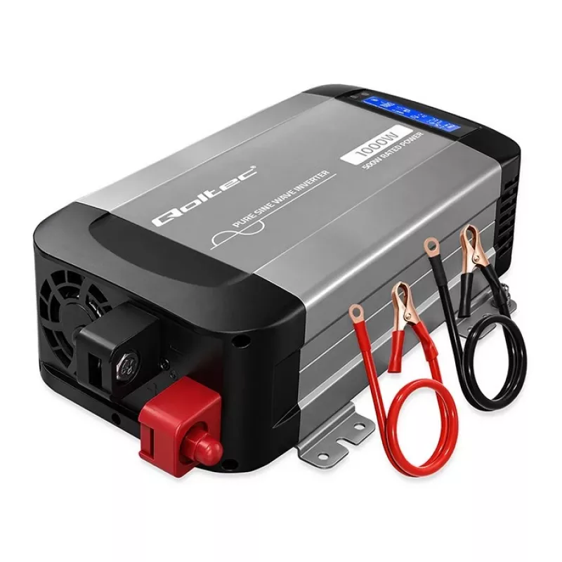Qoltec Inversor de onda sinusoidal pura 12V para 230V 500W/1000W com LCD, USB, USB-C, compatível com LiFePo4/GEL/AGM