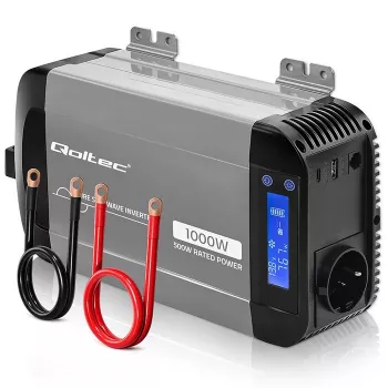 Qoltec Inversor de onda sinusoidal pura 12V para 230V 500W/1000W com LCD, USB, USB-C, compatível com LiFePo4/GEL/AGM