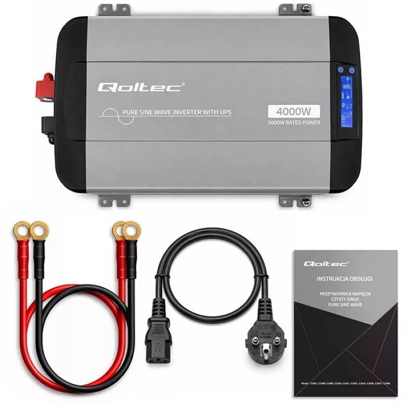 Qoltec Inversor de onda sinusoidal pura com UPS | 12V para 230V | 2000W potência contínua / 4000W potência de pico | LCD | USB-A | USB-C PD 18W | compatível com LiFePO4 GEL AGM