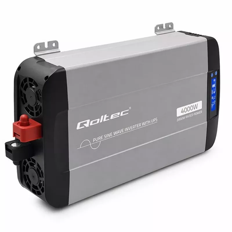 Qoltec Inversor de onda sinusoidal pura com UPS | 12V para 230V | 2000W potência contínua / 4000W potência de pico | LCD | USB-A | USB-C PD 18W | compatível com LiFePO4 GEL AGM