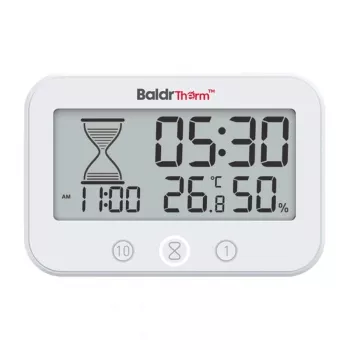 Temporizador de casa de banho RAINPOINT BALDRTHERM B0549STH com monitor de temperatura e humidade, proteção contra salpicos IP24, contagem decrescente/crescente, retroiluminação LCD, ventosa/suporte/montagem na parede