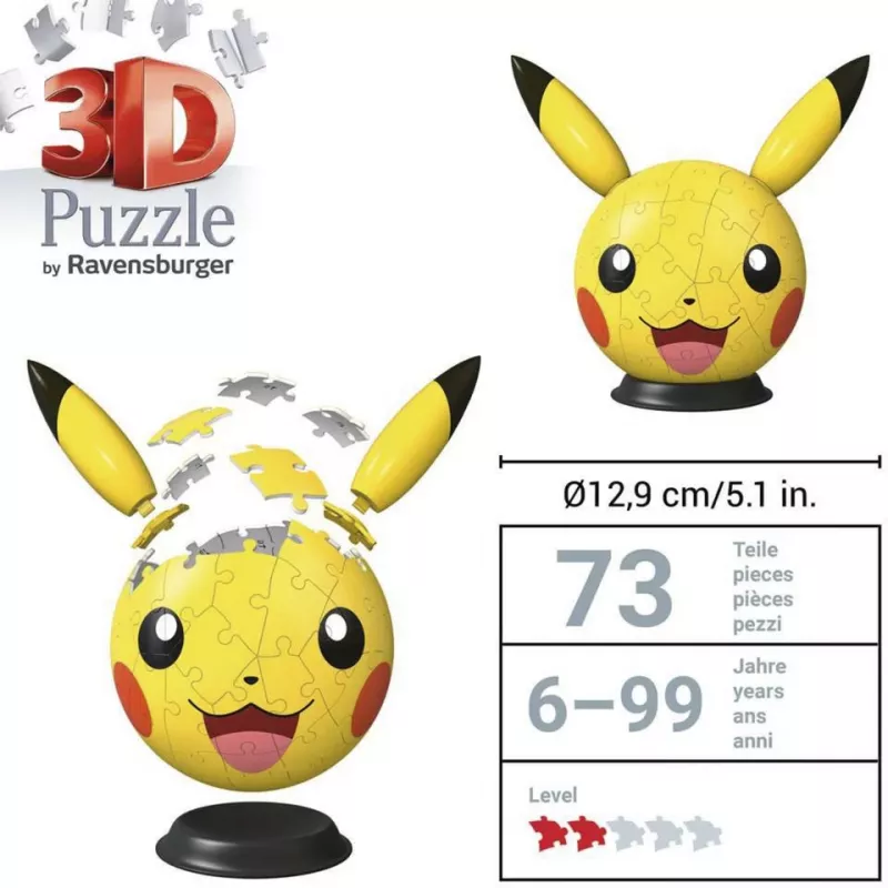 Ravensburger Puzzleball 3D Pokémon Pikachu com Orelhas - 54 peças