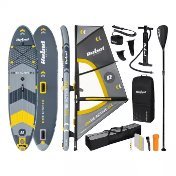 Prancha de stand-up paddle insuflável REBEL ACTIVE com rig de windsurf, 305x76x15 cm, conjunto completo com pagaia, bomba, leash, mochila