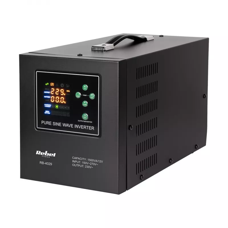 Rebel POWER-1500-LFP4 Fonte de alimentação de emergência – Inversor de onda sinusoidal pura com função de carregamento 12V, 230V, 1500VA/1050W