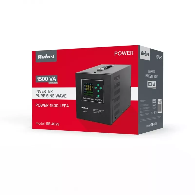 Rebel POWER-1500-LFP4 Fonte de alimentação de emergência – Inversor de onda sinusoidal pura com função de carregamento 12V, 230V, 1500VA/1050W