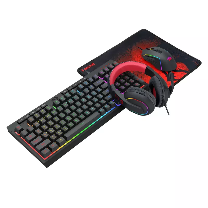 Conjunto gaming 4-em-1 Redragon: teclado RGB, rato, tapete de rato e headset