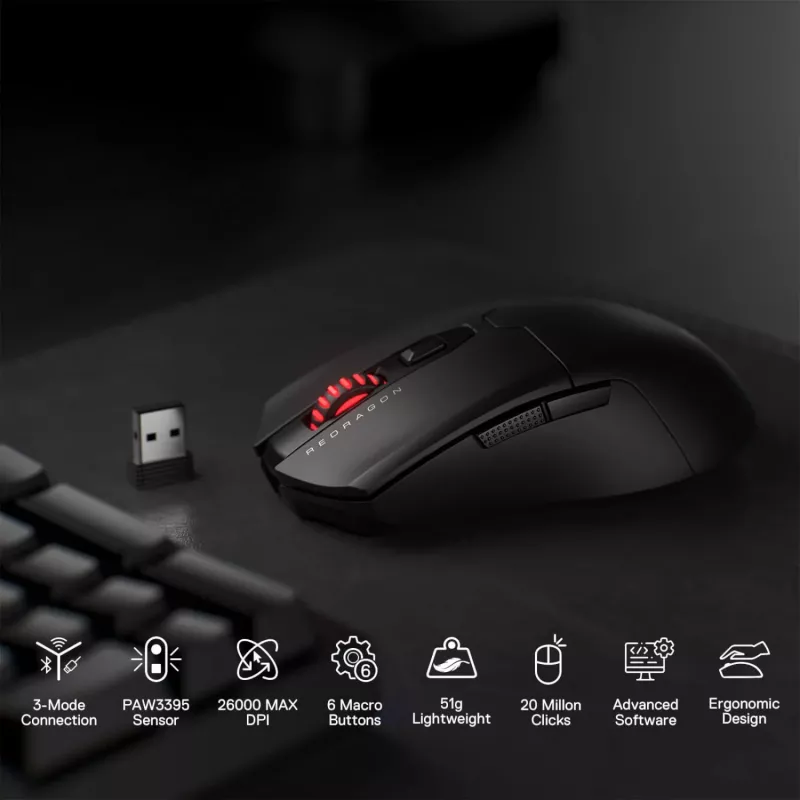 Redragon FYZU M995 PRO Rato gaming sem fios, preto