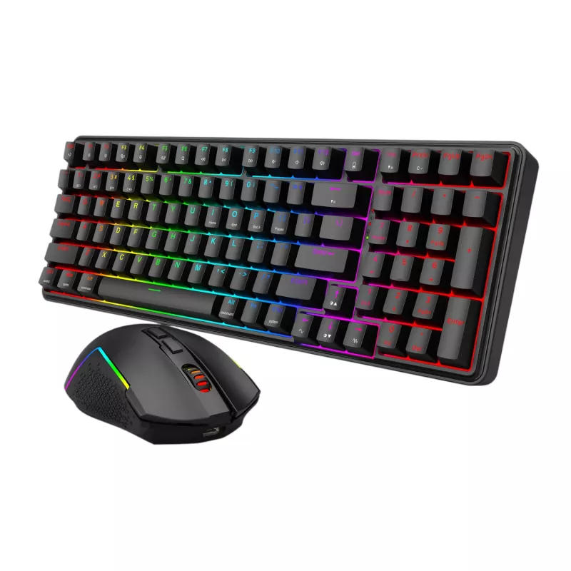 Redragon S162 RGB Conjunto de teclado mecânico gaming sem fios 3 modos e rato - preto
