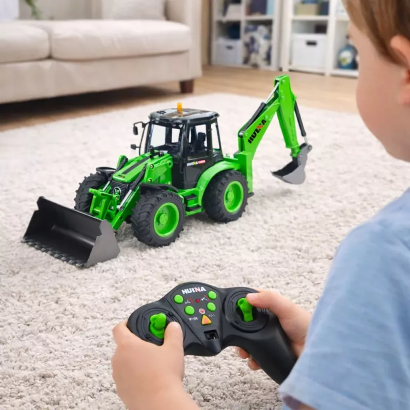 Carregadora retroescavadora telecomandada RC luzes som verde Huina 1:14
