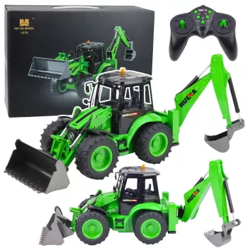 Carregadora retroescavadora telecomandada RC luzes som verde Huina 1:14