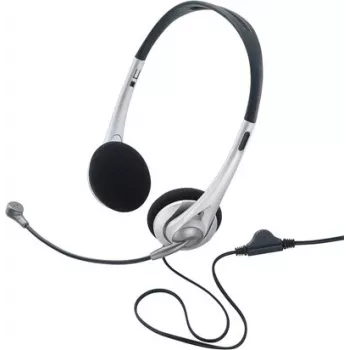 Renkforce RF-5045268 Headset On-Ear com Fios, Microfone de Haste e Controlo de Volume Integrado, Preto/Prateado