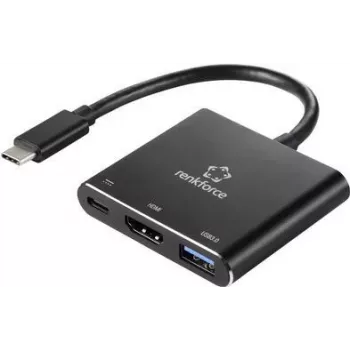 Renkforce RF-5133676 Adaptador multiporta USB-C para HDMI com Power Delivery e USB-A, 4K, 20 cm, preto