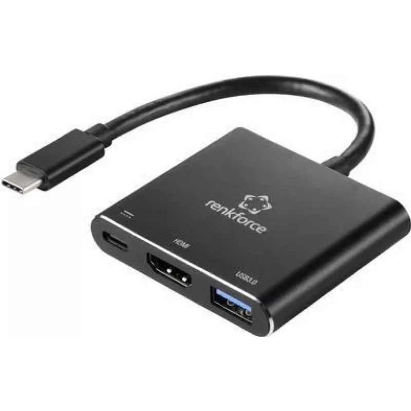 Renkforce RF-5133676 Adaptador multiporta USB-C para HDMI com Power Delivery e USB-A, 4K, 20 cm, preto