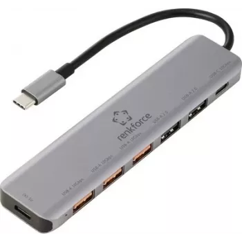 Hub USB-C 6-em-1 Renkforce RF-7465828, 3x USB-A 3.0, dados USB-C, HDMI 4K, 100W PD, cinzento