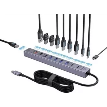 Renkforce RF-7465830 Hub USB 3.0 interno USB-C de 10 portas, 5 Gbit/s, alimentado por SATA, Cinzento