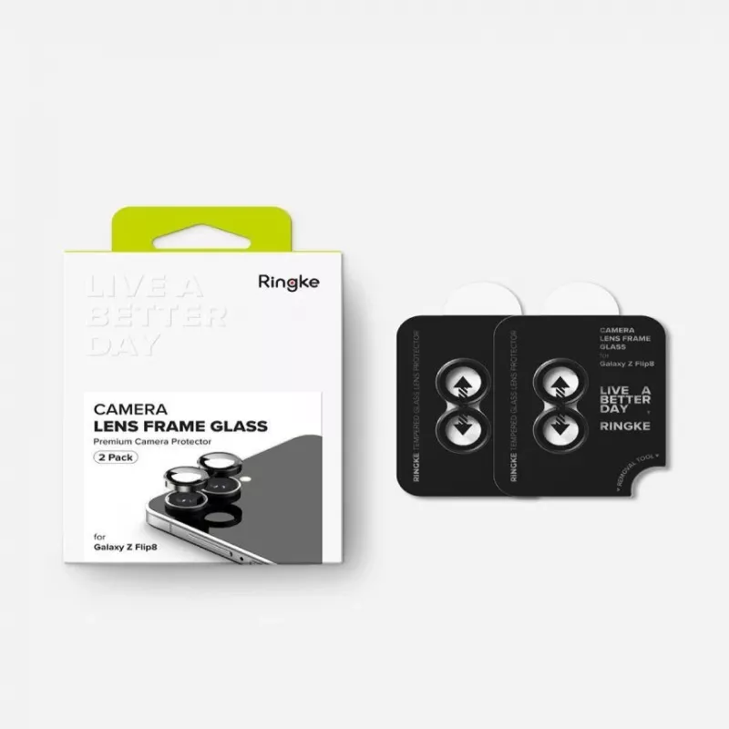 Ringke Moldura de câmara pack de 2 para Samsung Galaxy Z Flip 8 - proteção de objetiva em liga de alumínio preta com vidro temperado 9H
