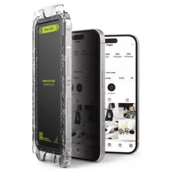 Protetor de ecrã Ringke para iPhone 15/16 Privacy Premium Easy Slide vidro temperado 9H com auxiliar de instalação (pack de 2) transparente