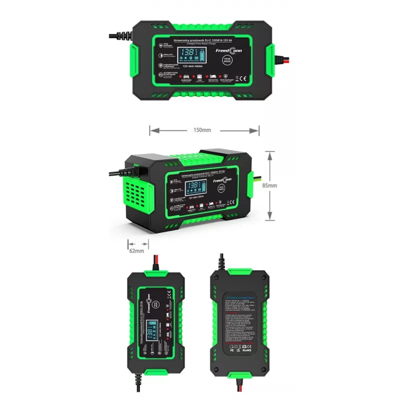 Carregador de bateria automático inteligente RJ TIANYE FreedConn RJ-C 120501A 12V 6A para chumbo-ácido AGM GEL EFB com visor LCD
