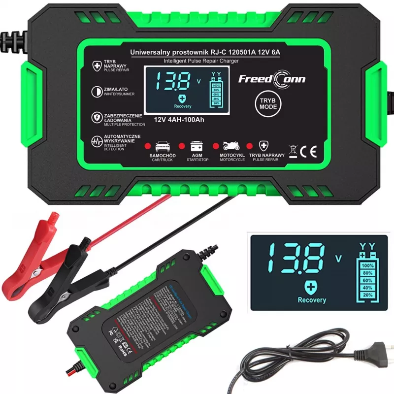 Carregador de bateria automático inteligente RJ TIANYE FreedConn RJ-C 120501A 12V 6A para chumbo-ácido AGM GEL EFB com visor LCD