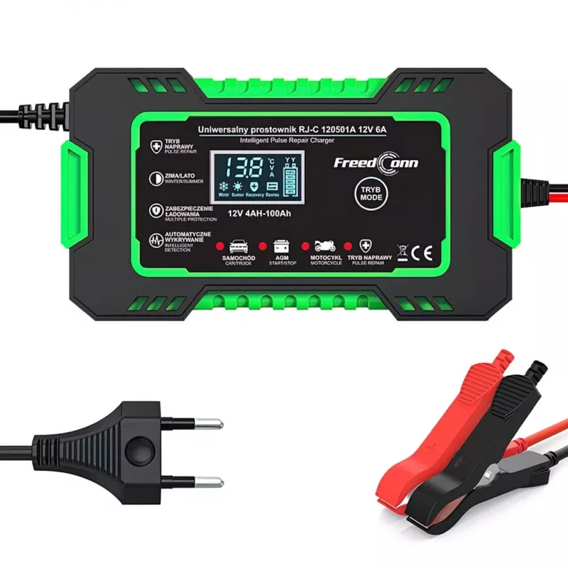 Carregador de bateria automático inteligente RJ TIANYE FreedConn RJ-C 120501A 12V 6A para chumbo-ácido AGM GEL EFB com visor LCD