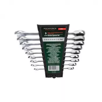 Conjunto de chaves de caixa com roquete métricas ROCKFORCE de 9 peças, aço cromo-vanádio, 72 dentes, 8-22 mm, norma DIN
