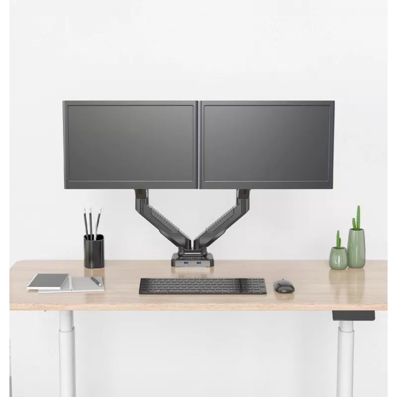 Rockstable RS-MM007 Suporte avançado para dois monitores - Aperto / Passagem - 13 kg - 15-27 polegadas - 100x100 mm - Preto