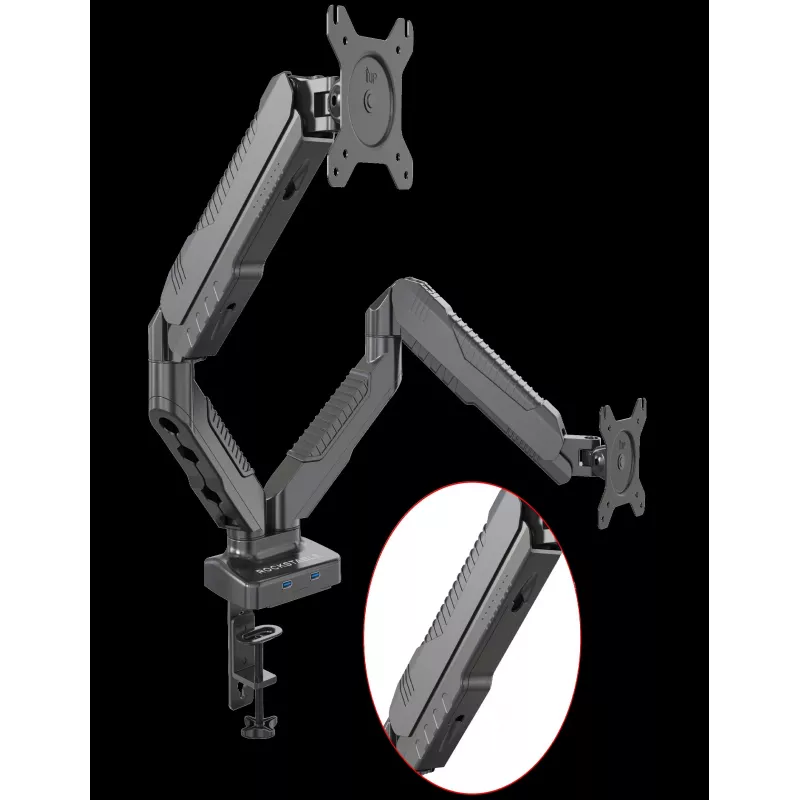 Rockstable RS-MM007 Suporte avançado para dois monitores - Aperto / Passagem - 13 kg - 15-27 polegadas - 100x100 mm - Preto