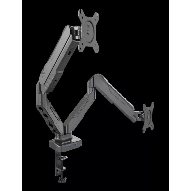 Rockstable RS-MM007 Suporte avançado para dois monitores - Aperto / Passagem - 13 kg - 15-27 polegadas - 100x100 mm - Preto