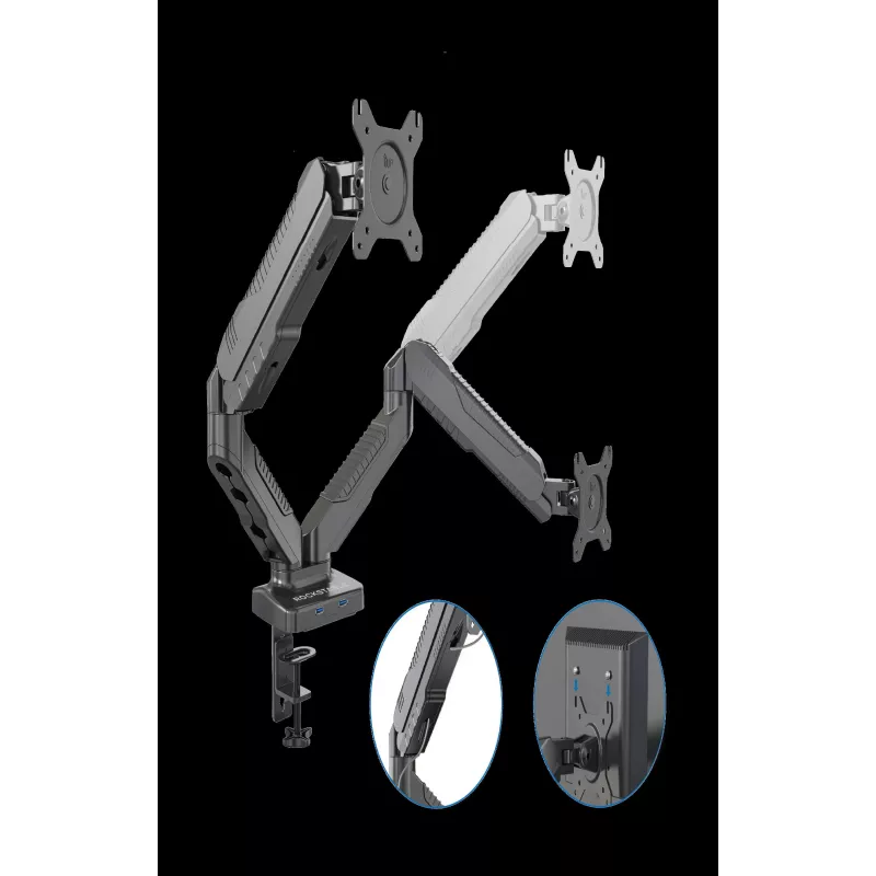Rockstable RS-MM007 Suporte avançado para dois monitores - Aperto / Passagem - 13 kg - 15-27 polegadas - 100x100 mm - Preto