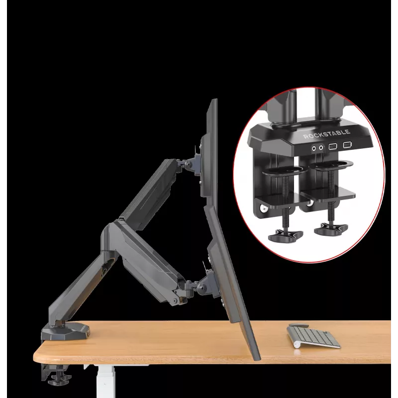 Rockstable RS-MM011B Suporte de secretária profissional para monitor duplo - Grampo/parafuso - 16 kg - 15-32 polegadas - 100x100 mm - Preto