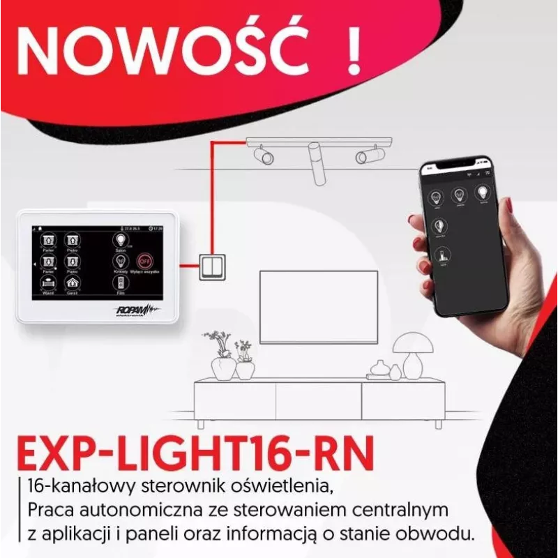 Ropam Controlo de iluminação EXP-LIGHT16-RN – Módulo de extensão de relés de 16 canais para barramento RopamNet