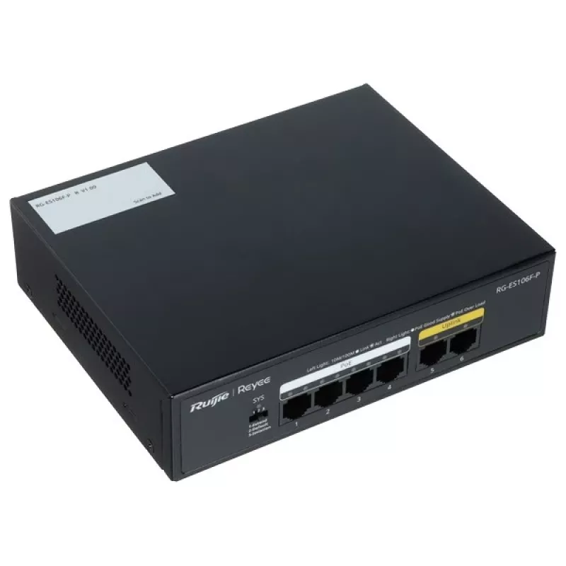 Switch PoE Ruijie RG-ES106F-P 6 portas Fast Ethernet, 4 portas PoE+, orçamento 54W, não gerido, preto