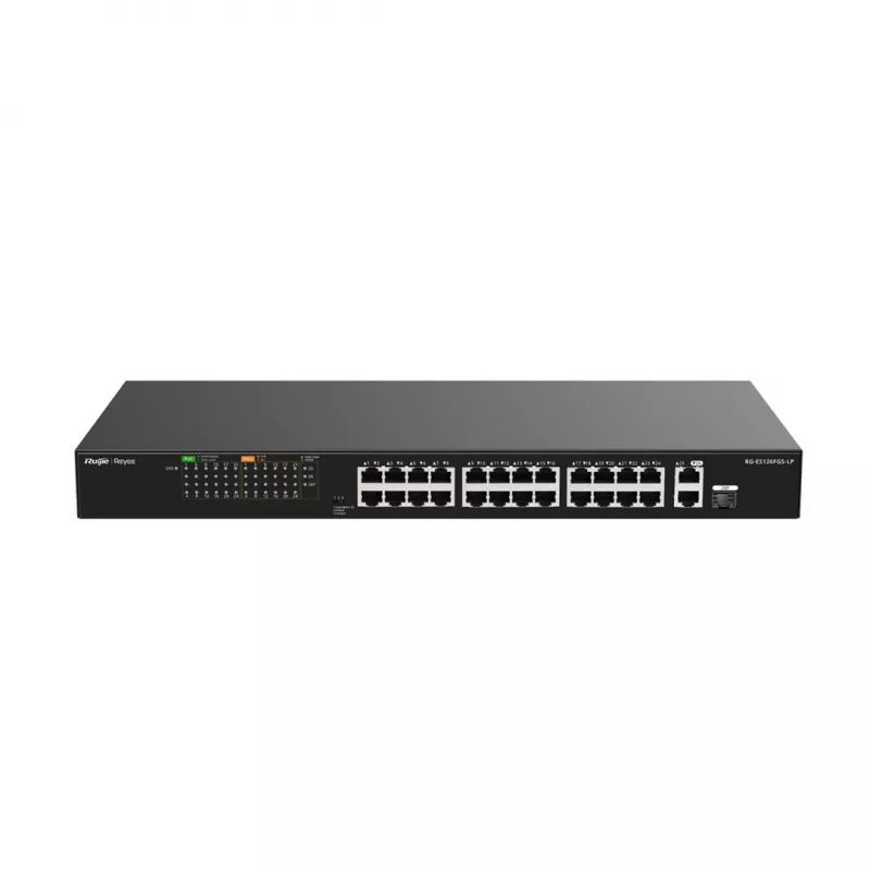 Switch Ruijie RG-ES126FGS-LP 24 portas Fast Ethernet PoE+ com 2 uplinks Gigabit SFP, orçamento PoE 370W, montagem em rack