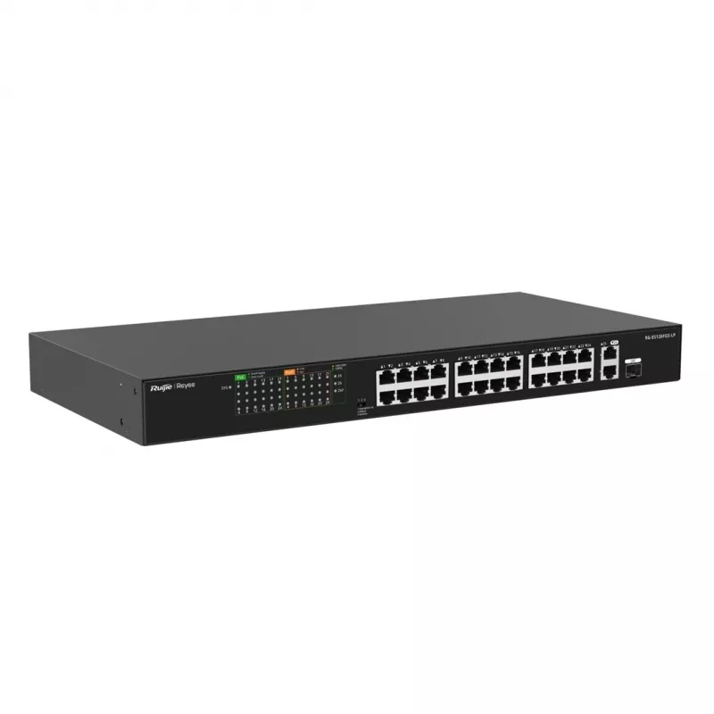 Switch Ruijie RG-ES126FGS-LP 24 portas Fast Ethernet PoE+ com 2 uplinks Gigabit SFP, orçamento PoE 370W, montagem em rack