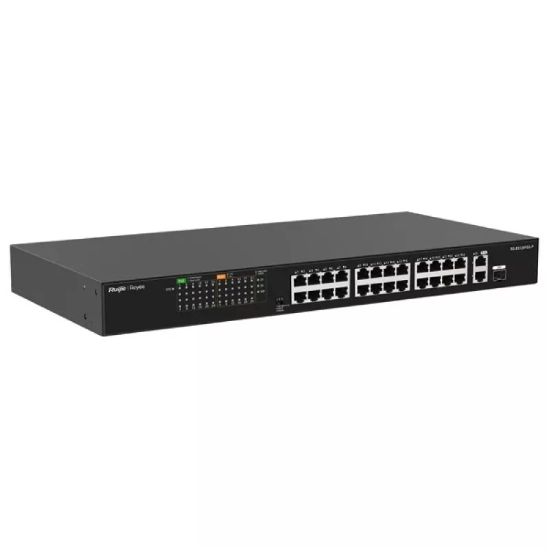 RUIJIE RG-ES126FGS-P switch smart managed Gigabit PoE+ de 24 portas com 2 uplinks SFP, orçamento 370W, montagem em rack, série Reyee