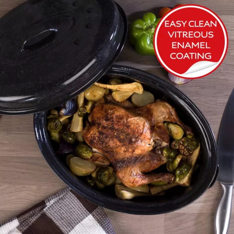 Assadeira com tampa e auto-regadura em esmalte vítreo Russell Hobbs CW114911EU 36cm, preto