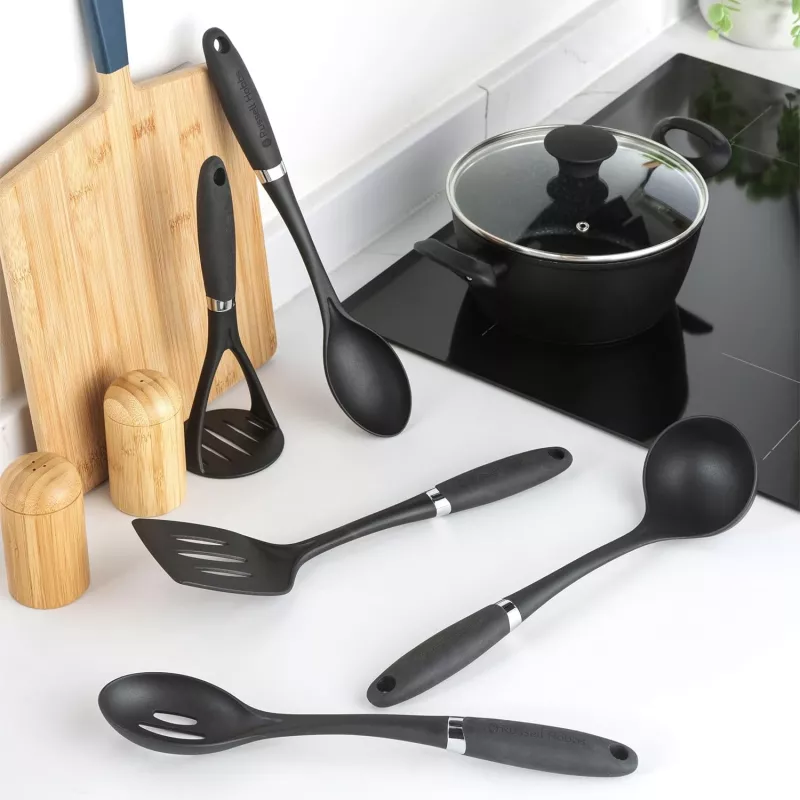 Russell Hobbs RH03026EU7 Conjunto de 5 utensílios de cozinha com suporte giratório, preto e prateado