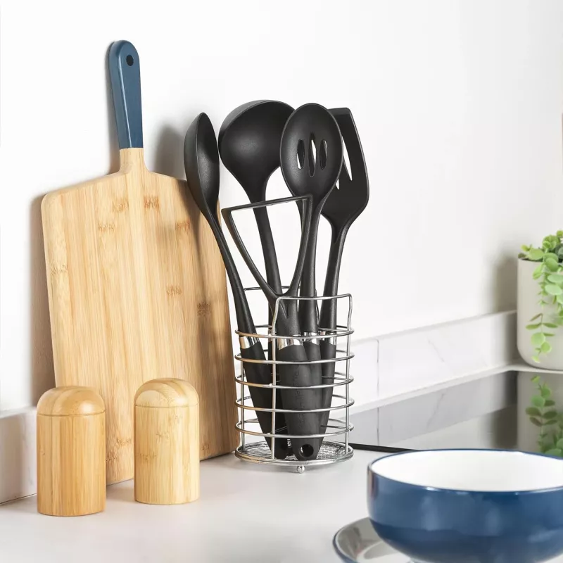 Russell Hobbs RH03026EU7 Conjunto de 5 utensílios de cozinha com suporte giratório, preto e prateado