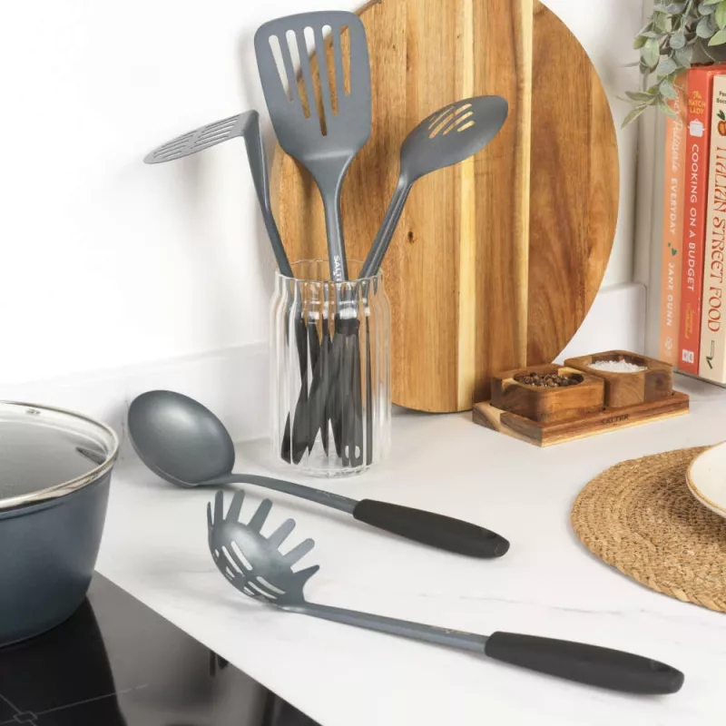Salter BW13601DU Excellence Conjunto de 5 utensílios de cozinha com suporte giratório, preto e prateado