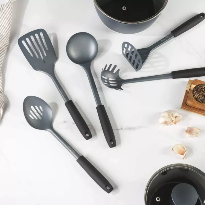 Salter BW13601DU Excellence Conjunto de 5 utensílios de cozinha com suporte giratório, preto e prateado