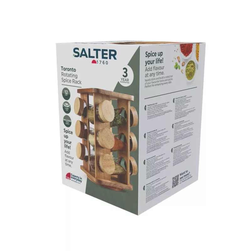 Salter BW14236 Toronto porta-especiarias giratório - 8 frascos de vidro com suporte de aço inoxidável, rotação de 360°, prateado